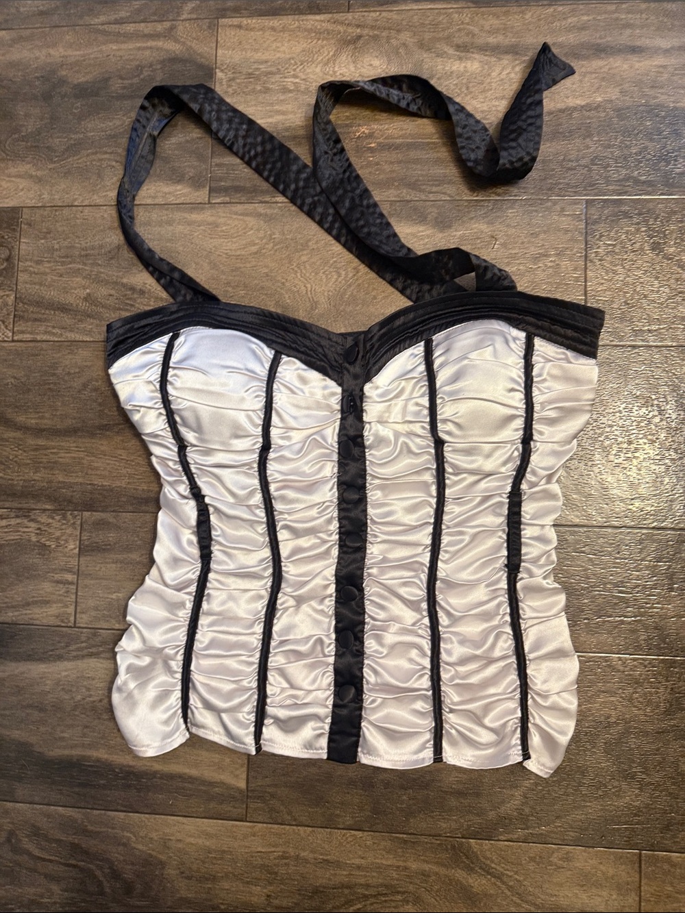 Cotton Express White Satin Ruched Bustier Tank with Black Trim